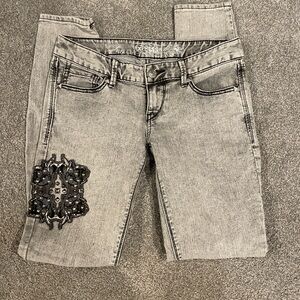 Express Women's Cropped Gray Jeans with Black Embellishment